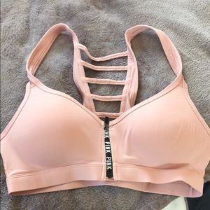 Pink sports bra front zipper closure